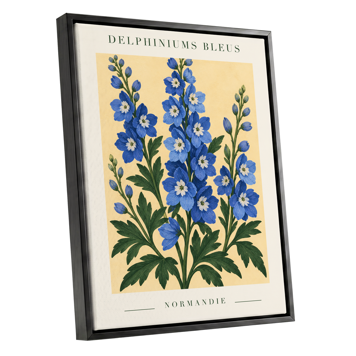 Normandy Blue Blooms, blue, green, yellow floral wall art shown as a black framed canvas wall art