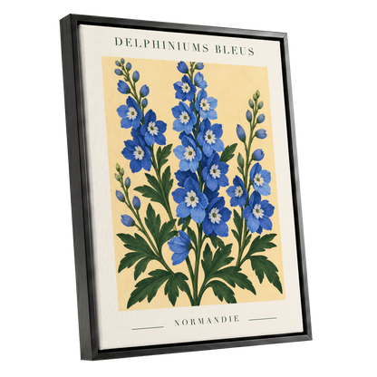 Normandy Blue Blooms, blue, green, yellow floral wall art shown as a black framed canvas wall art