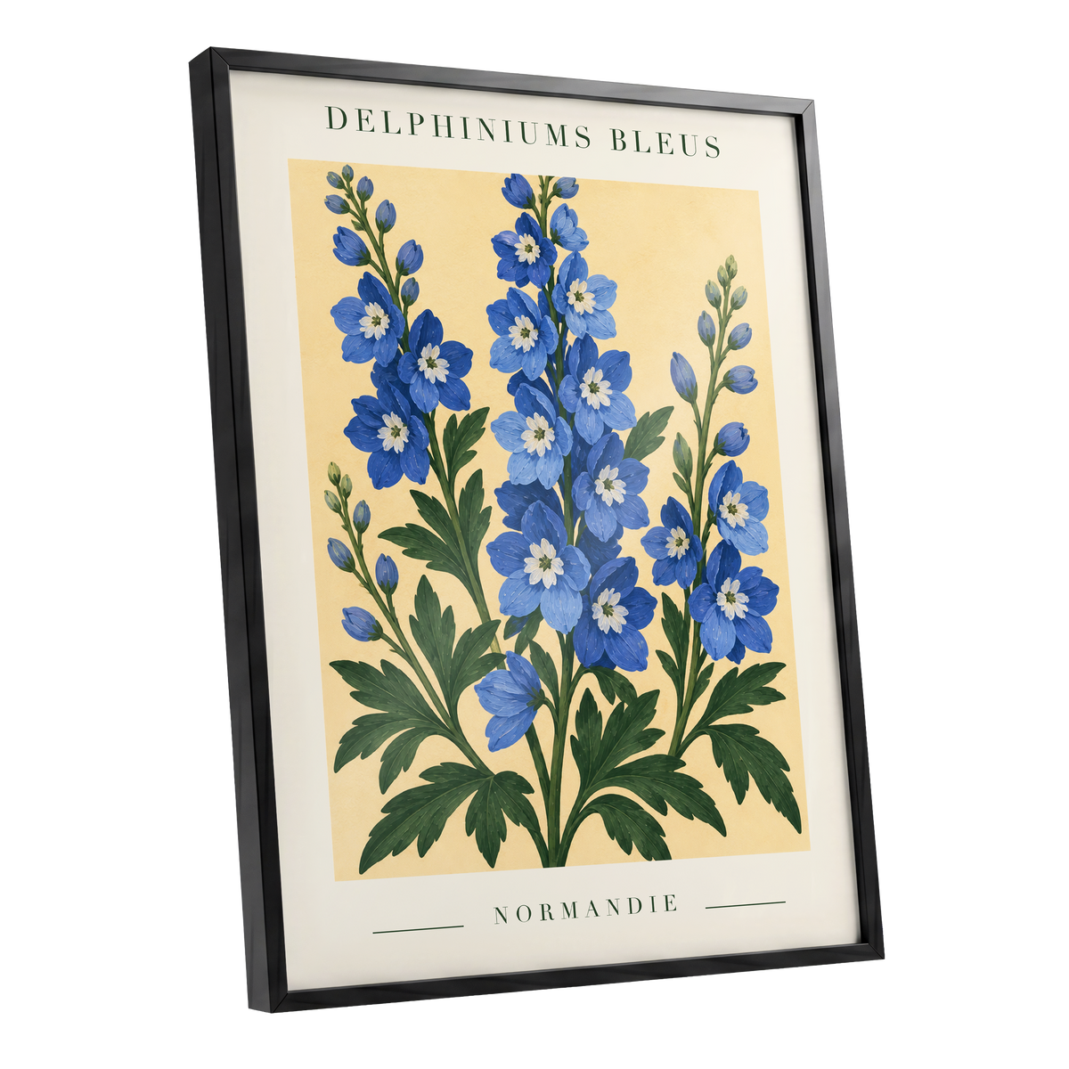 Normandy Blue Blooms, blue, green, yellow floral wall art shown as a black framed poster wall art print
