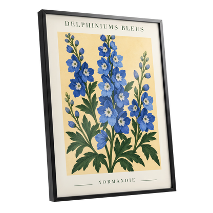 Normandy Blue Blooms, blue, green, yellow floral wall art shown as a black framed poster wall art print