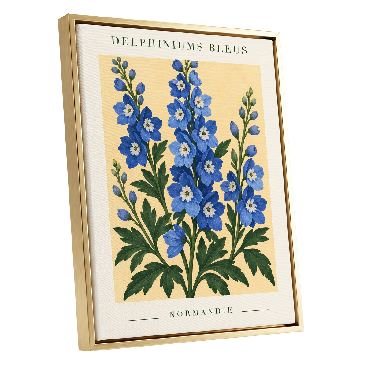 Normandy Blue Blooms, blue, green, yellow floral wall art shown as a gold framed canvas wall art