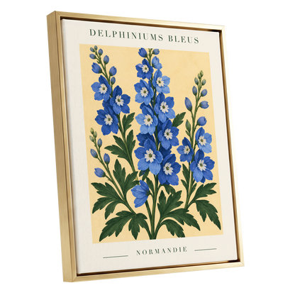 Normandy Blue Blooms, blue, green, yellow floral wall art shown as a gold framed canvas wall art