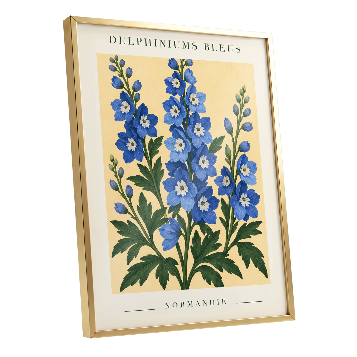 Normandy Blue Blooms, blue, green, yellow floral wall art shown as a gold framed poster wall art print