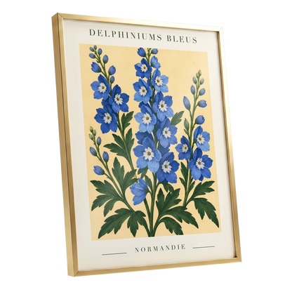 Normandy Blue Blooms, blue, green, yellow floral wall art shown as a gold framed poster wall art print