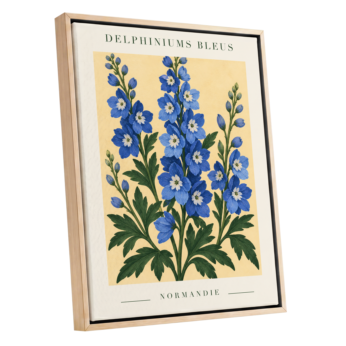 Normandy Blue Blooms, blue, green, yellow floral wall art shown as a oak framed canvas wall art