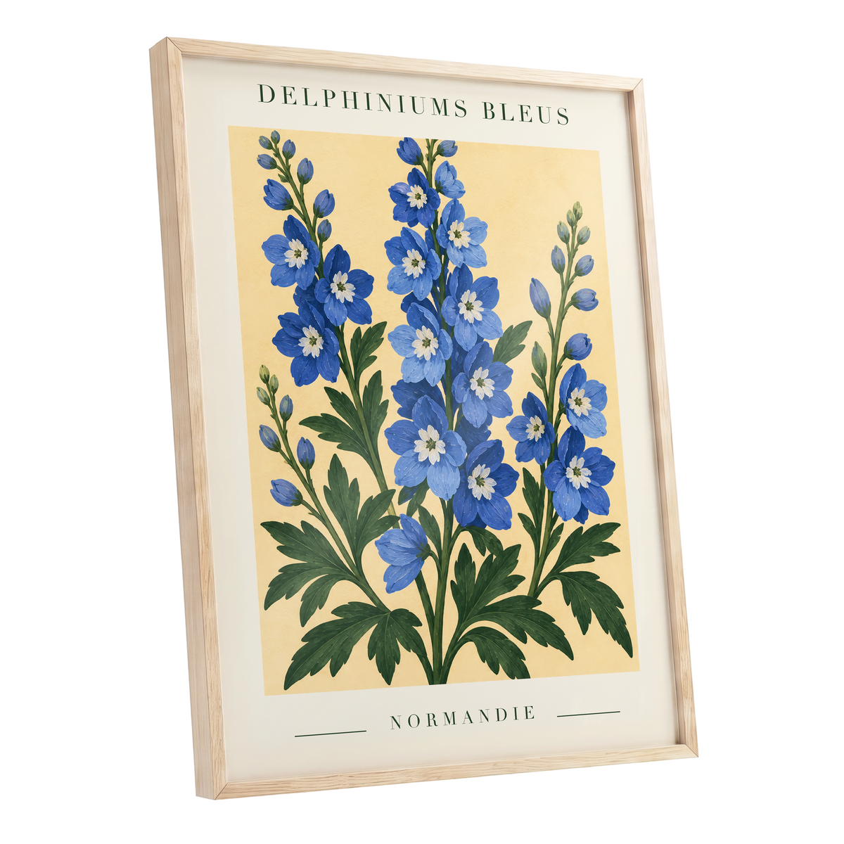 Normandy Blue Blooms, blue, green, yellow floral wall art shown as a oak framed poster wall art print