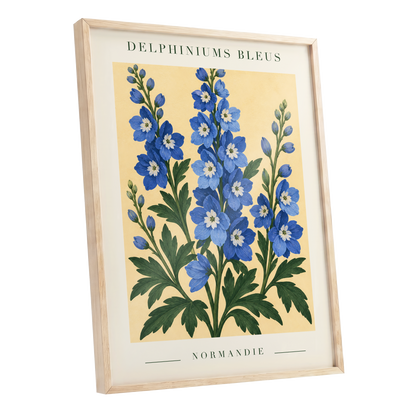 Normandy Blue Blooms, blue, green, yellow floral wall art shown as a oak framed poster wall art print