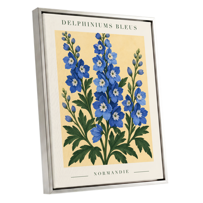 Normandy Blue Blooms, blue, green, yellow floral wall art shown as a silver framed canvas wall art