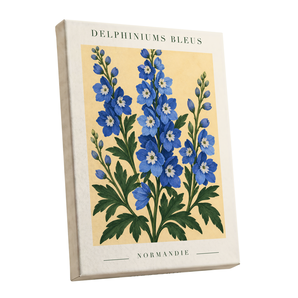 Normandy Blue Blooms, blue, green, yellow floral wall art shown as a stretched canvas wall art