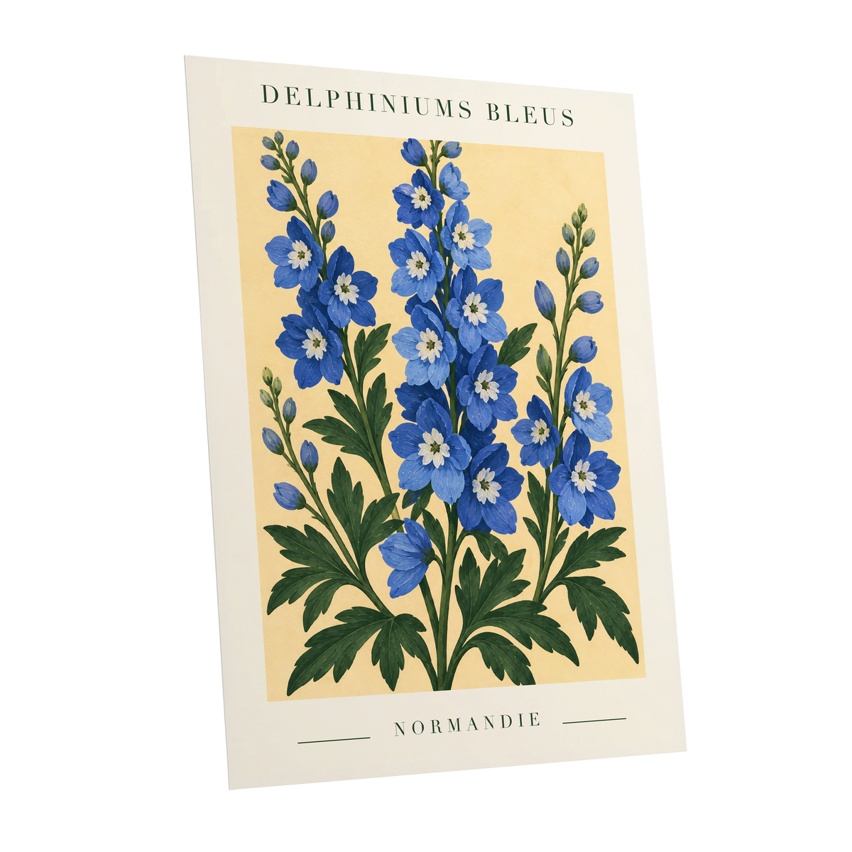 Normandy Blue Blooms, blue, green, yellow floral wall art shown as a unframed poster wall art print