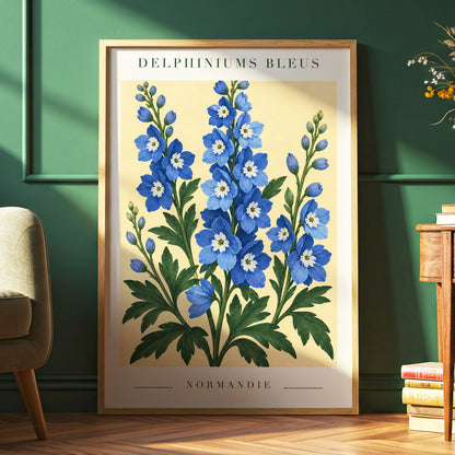Normandy Blue Blooms, blue, green, yellow floral wall art displayed in a styled interior, gallery view 2