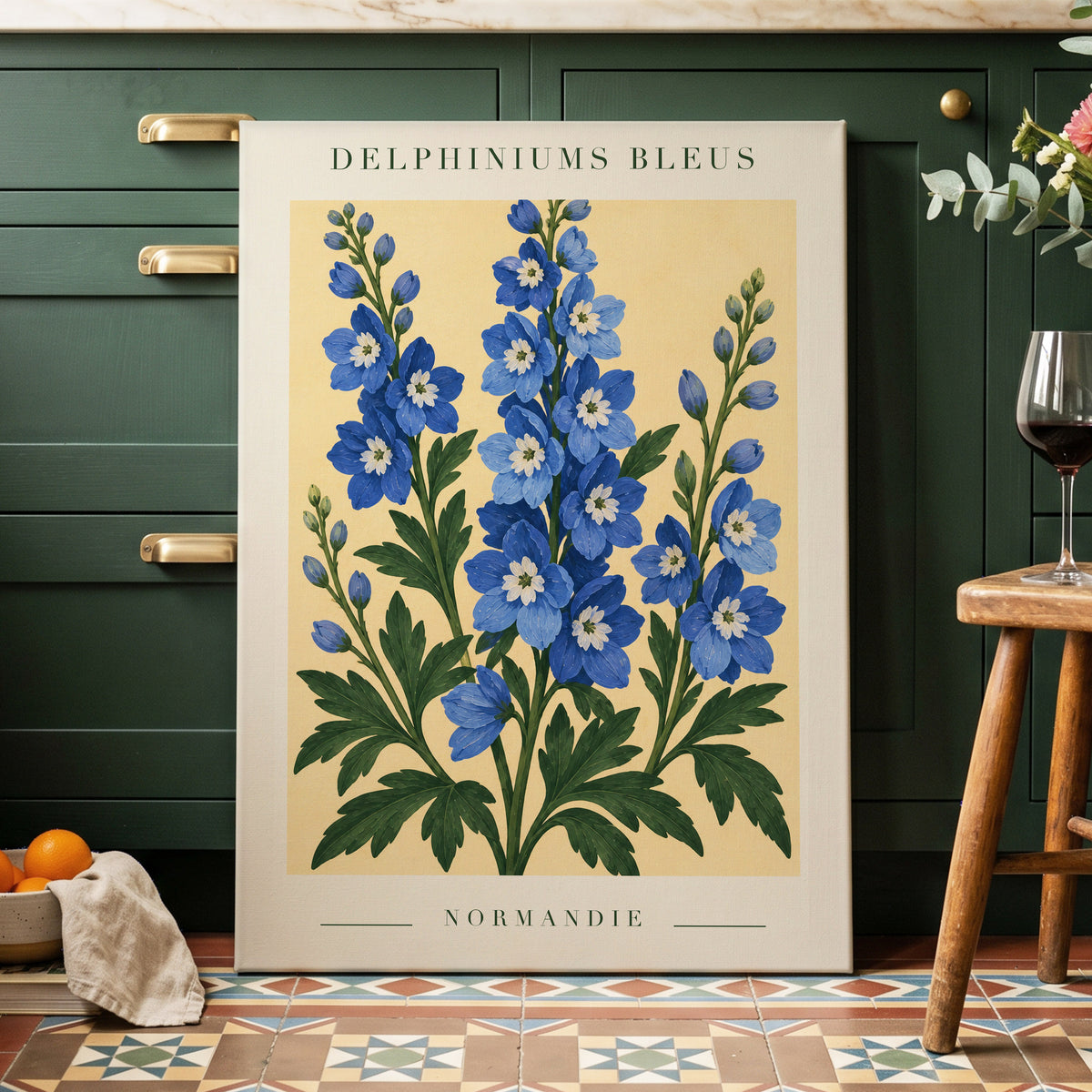 Normandy Blue Blooms, blue, green, yellow floral wall art displayed in a styled interior, gallery view 3