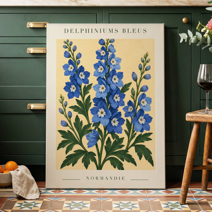 Normandy Blue Blooms, blue, green, yellow floral wall art displayed in a styled interior, gallery view 3