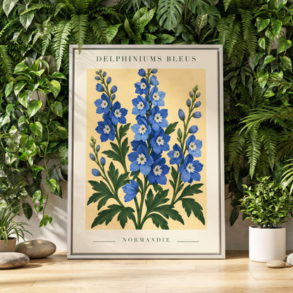 Normandy Blue Blooms, blue, green, yellow floral wall art displayed in a styled interior, gallery view 4