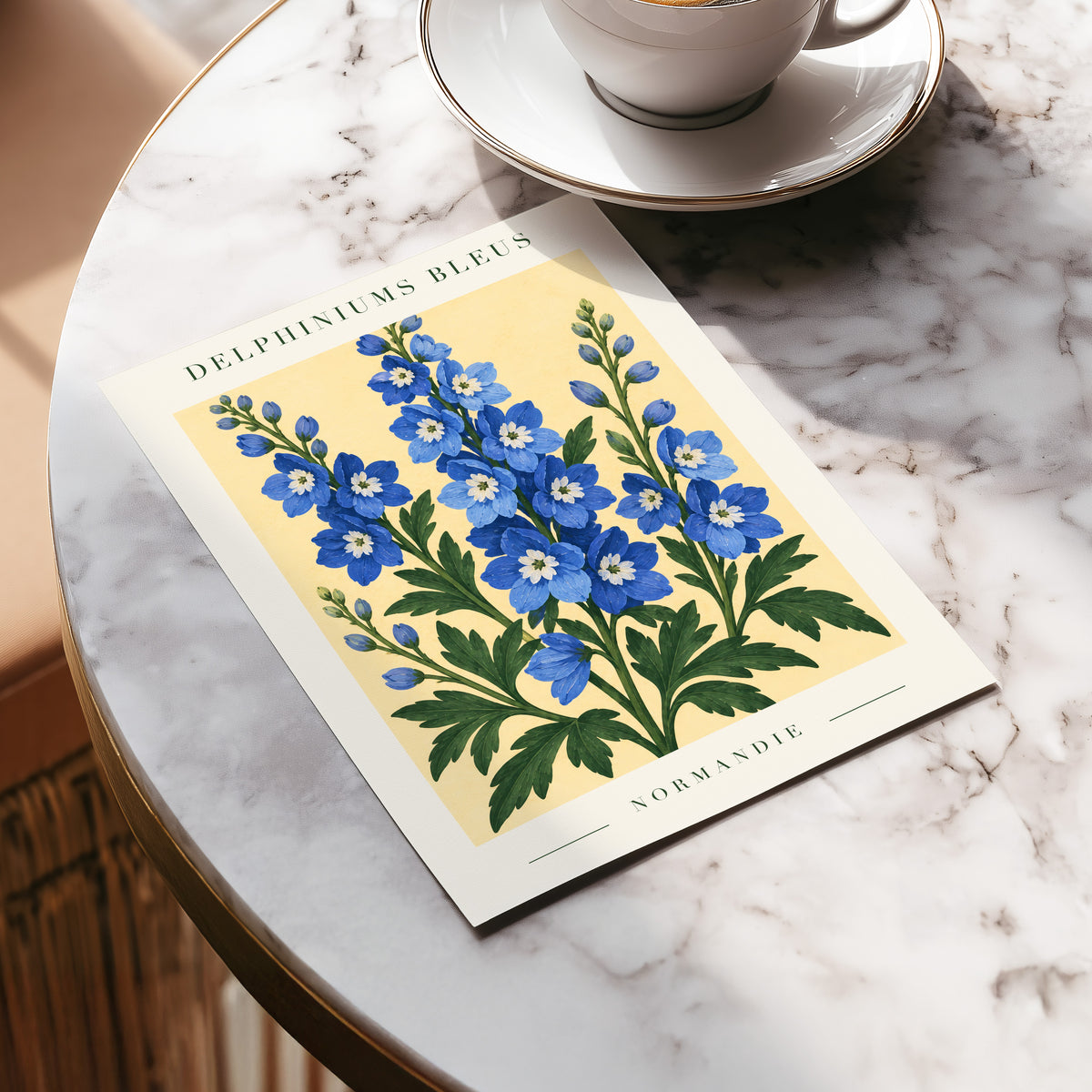 Normandy Blue Blooms, blue, green, yellow floral wall art displayed in a styled interior, gallery view 5