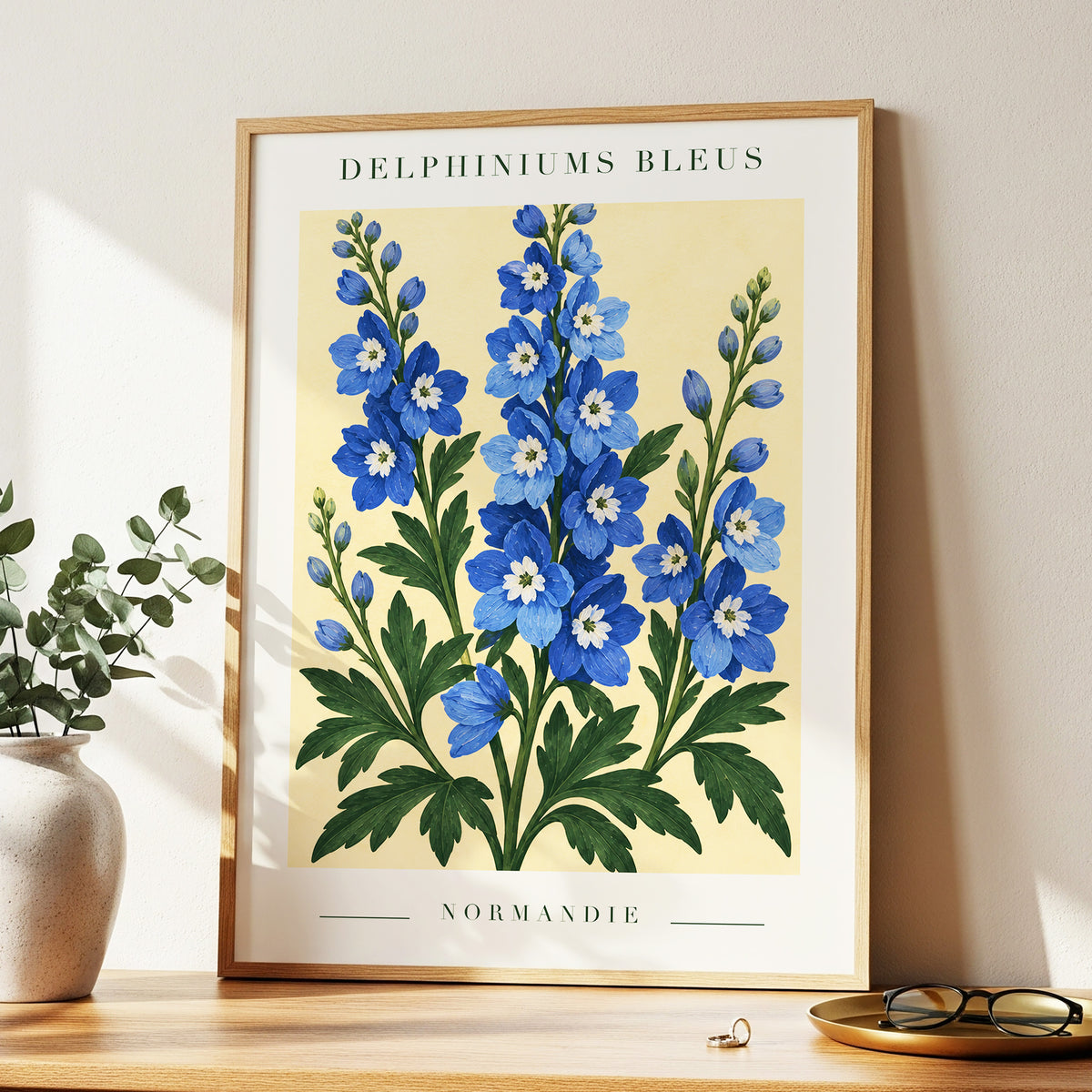 Normandy Blue Blooms, blue, green, yellow floral wall art displayed in a styled interior, gallery view 6