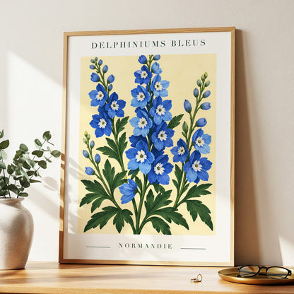Normandy Blue Blooms, blue, green, yellow floral wall art displayed in a styled interior, gallery view 6
