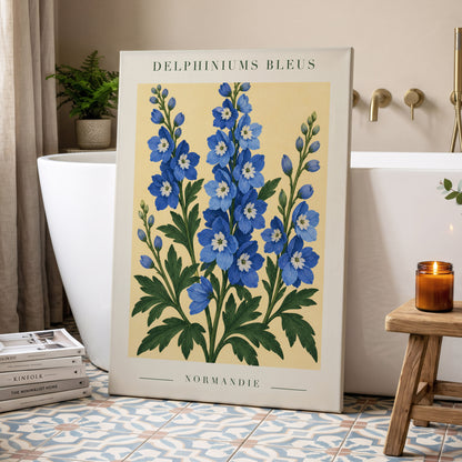Normandy Blue Blooms, blue, green, yellow floral wall art displayed in a styled interior, gallery view 7