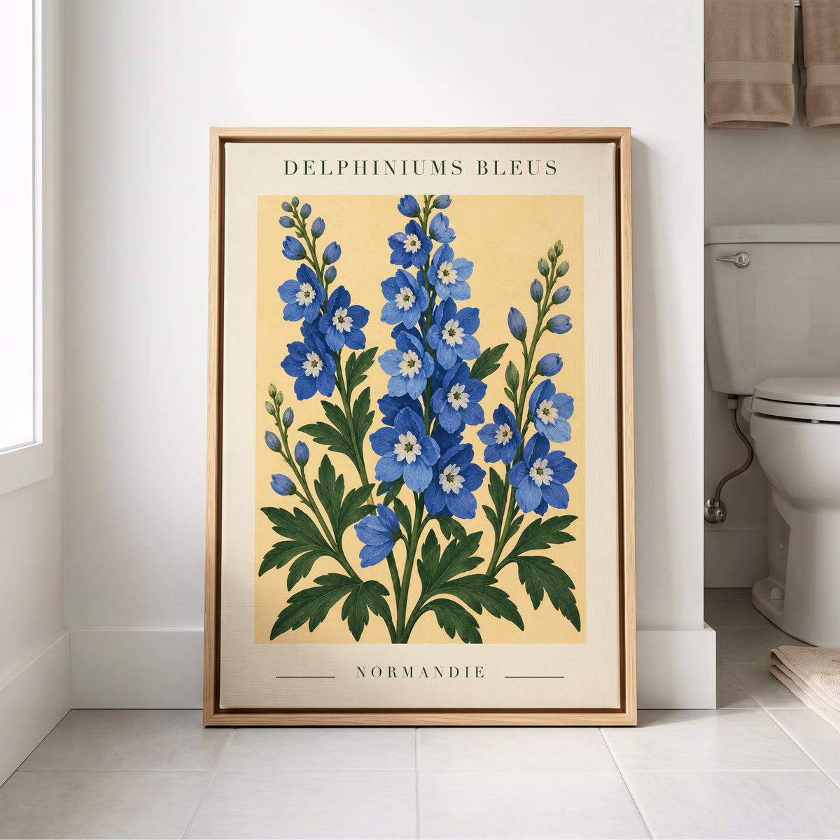 Normandy Blue Blooms, blue, green, yellow floral wall art displayed in a styled interior, gallery view 8
