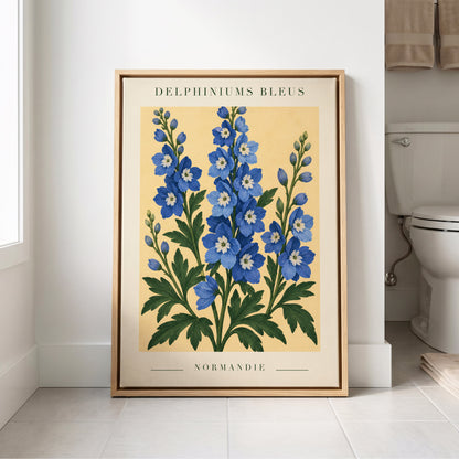 Normandy Blue Blooms, blue, green, yellow floral wall art displayed in a styled interior, gallery view 8