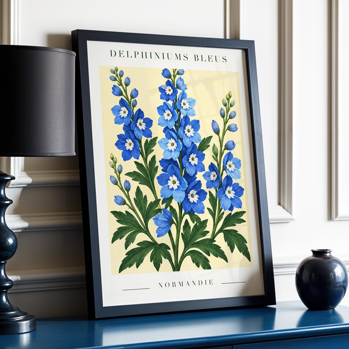 Normandy Blue Blooms, blue, green, yellow floral wall art displayed in a styled interior, gallery view 9