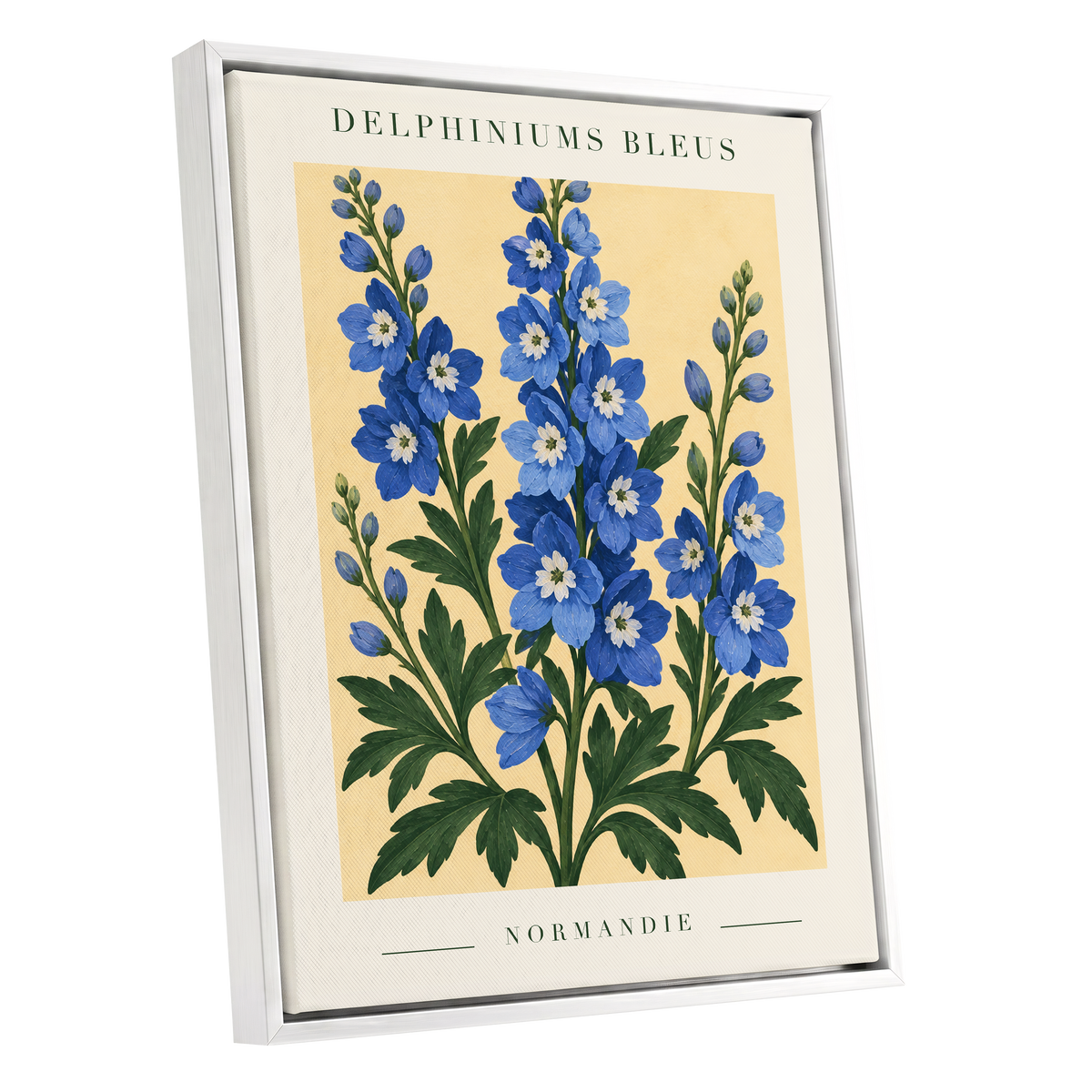 Normandy Blue Blooms, blue, green, yellow floral wall art shown as a white framed canvas wall art