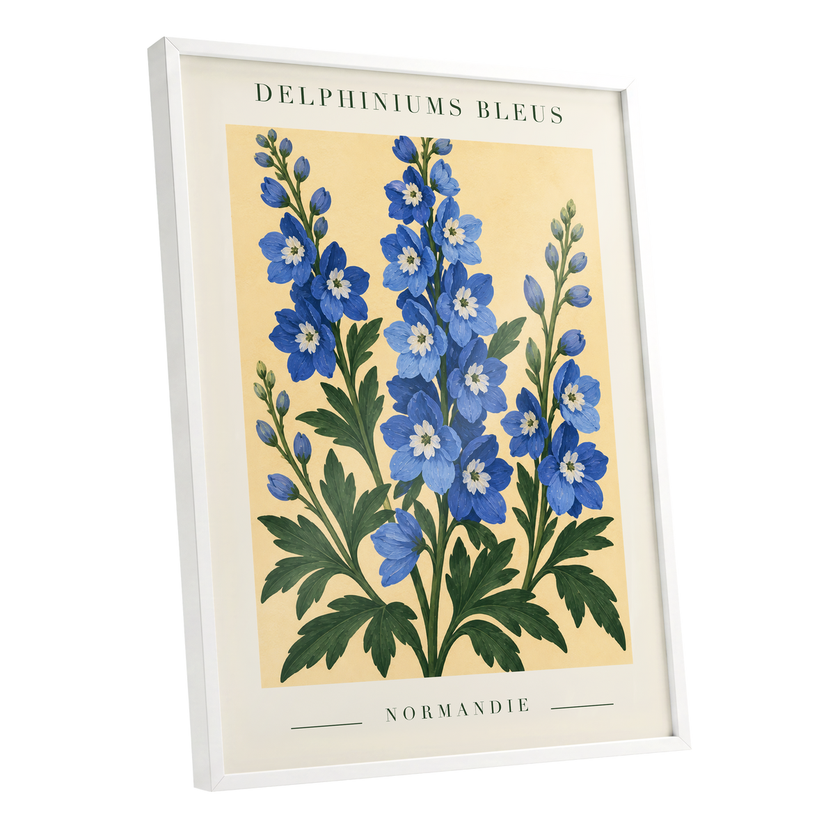 Normandy Blue Blooms, blue, green, yellow floral wall art shown as a white framed poster wall art print