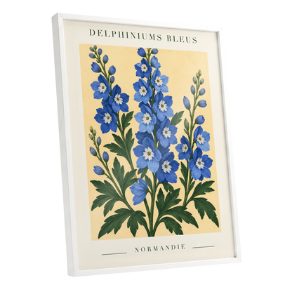Normandy Blue Blooms, blue, green, yellow floral wall art shown as a white framed poster wall art print