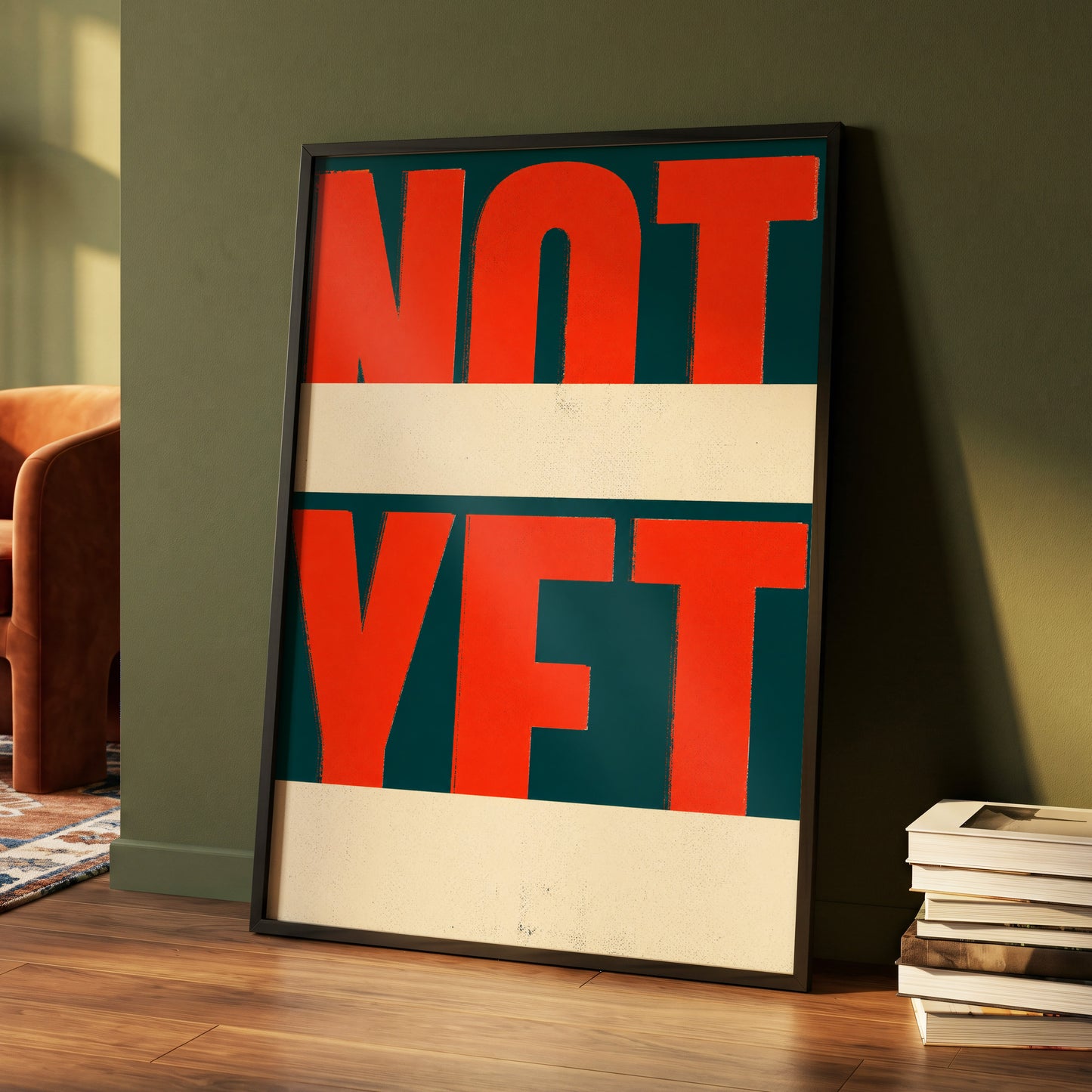 Not Yet, red, green, beige minimalist wall art displayed in a styled interior, gallery view 5