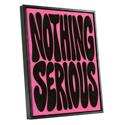 Nothing Serious, pink, black abstract wall art shown as a black framed canvas wall art