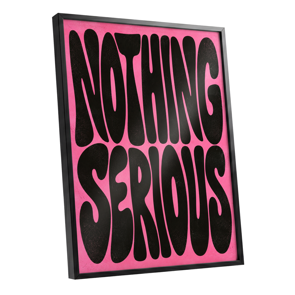 Nothing Serious, pink, black abstract wall art shown as a black framed poster wall art print