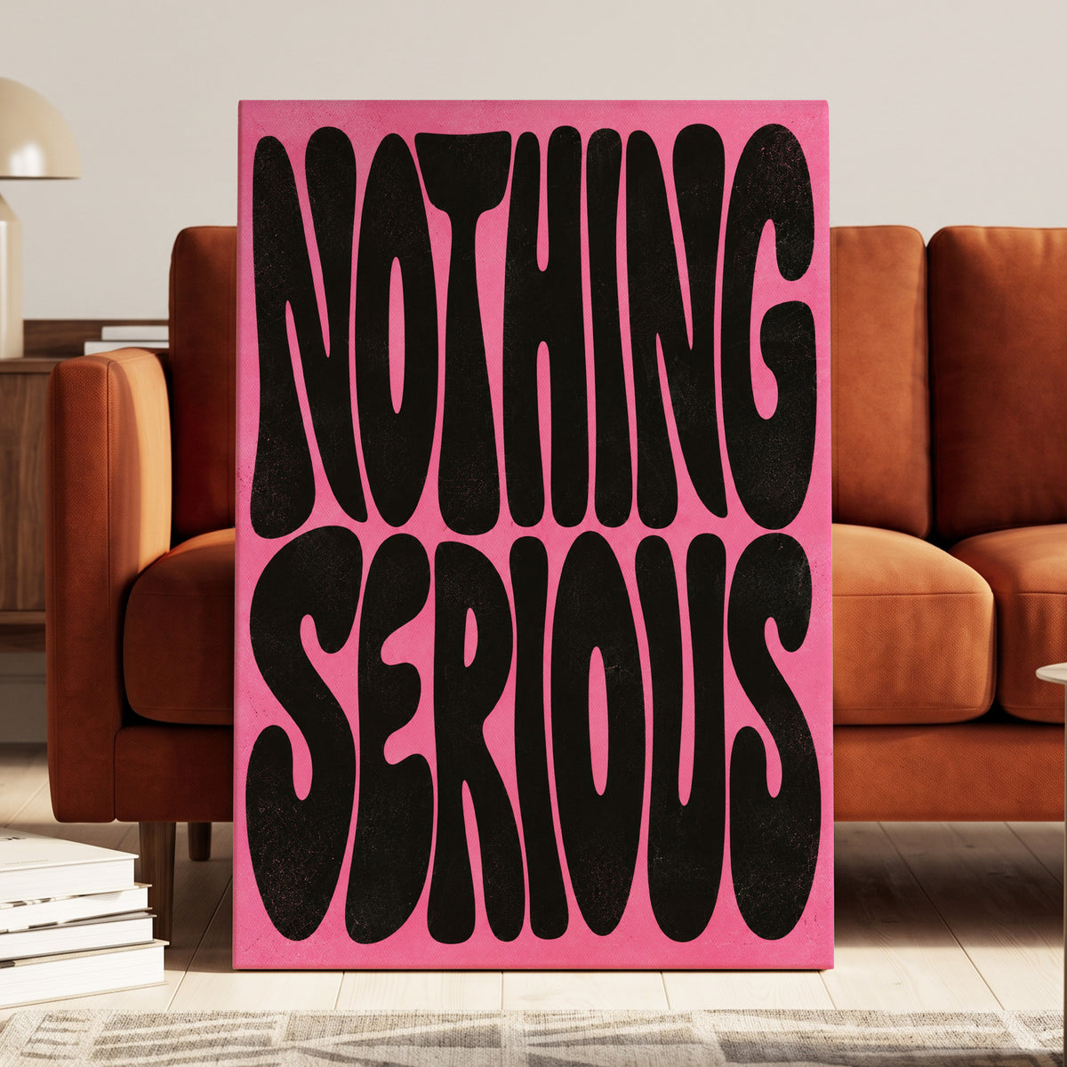 Nothing Serious, pink, black abstract wall art on canvas displayed in a styled interior, gallery view 1