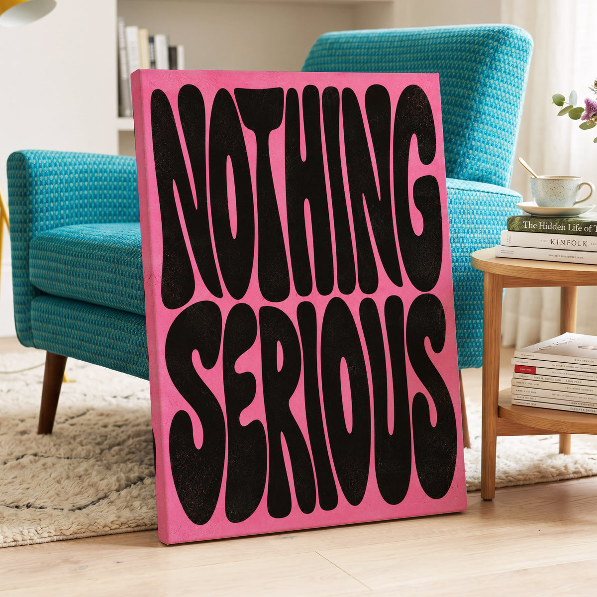 Nothing Serious, pink, black abstract wall art on canvas displayed in a styled interior, gallery view 2