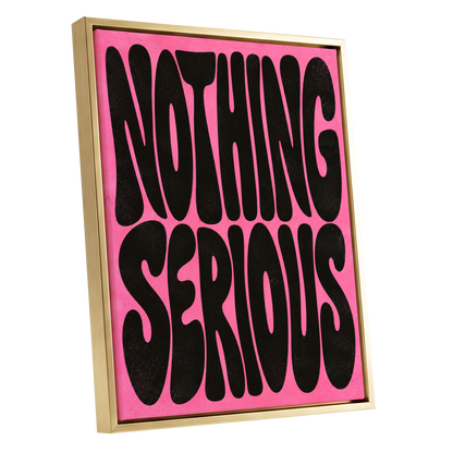 Nothing Serious, pink, black abstract wall art shown as a gold framed canvas wall art