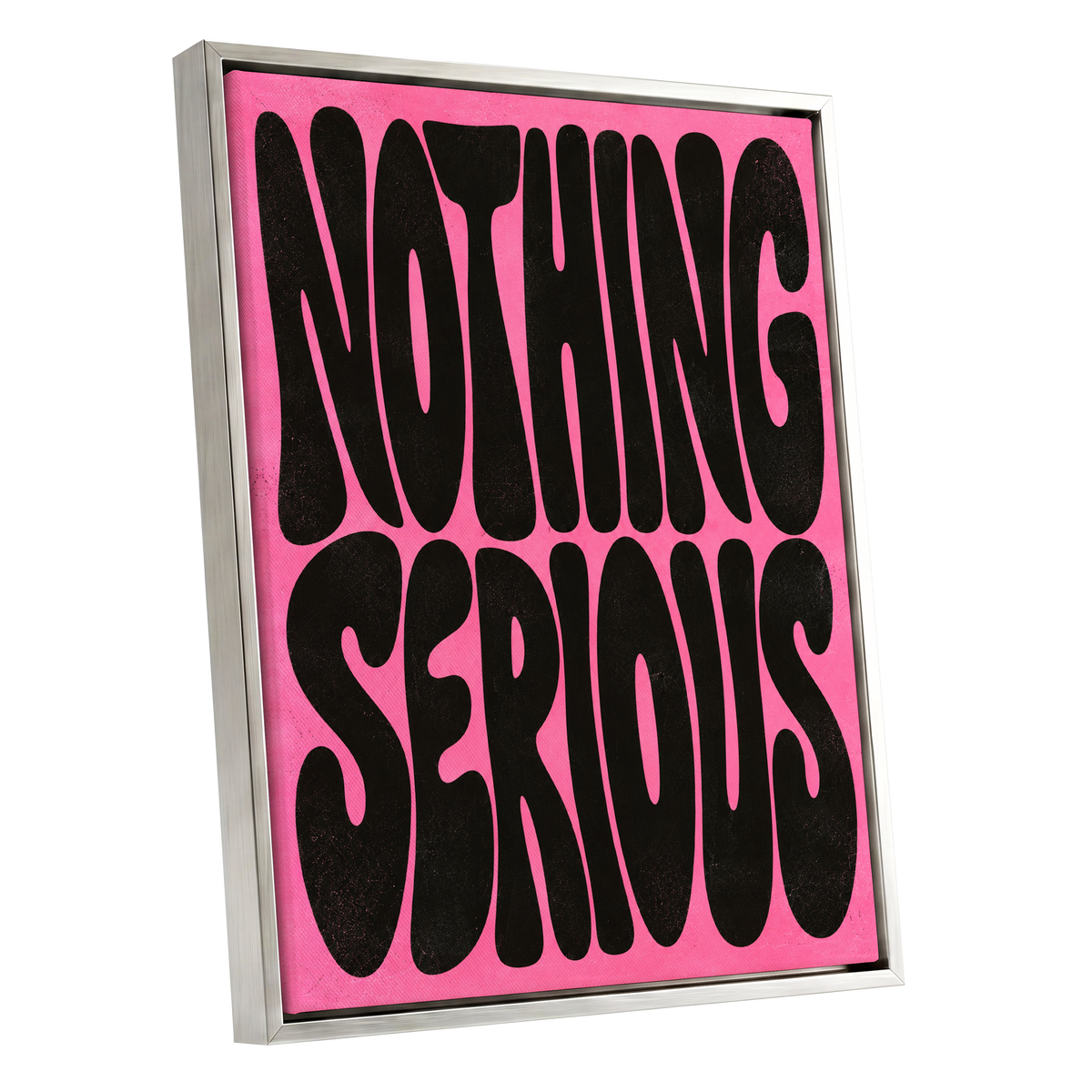 Nothing Serious, pink, black abstract wall art shown as a silver framed canvas wall art