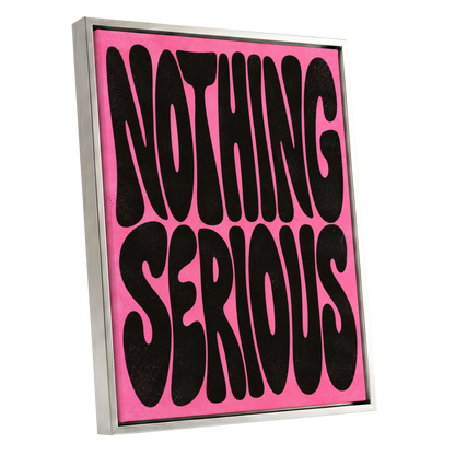 Nothing Serious, pink, black abstract wall art shown as a silver framed canvas wall art