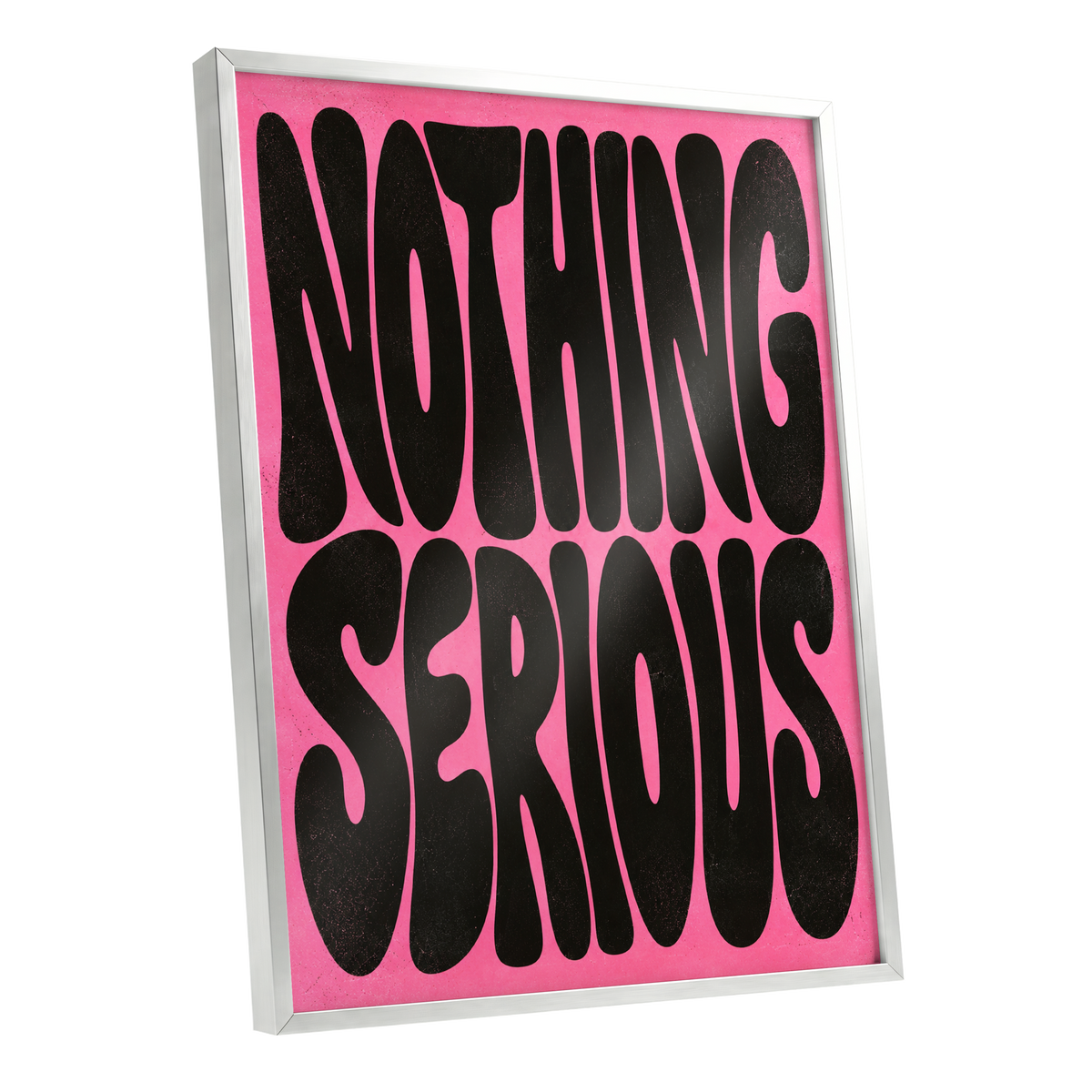 Nothing Serious, pink, black abstract wall art shown as a silver framed poster wall art print