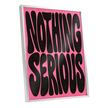 Nothing Serious, pink, black abstract wall art shown as a silver framed poster wall art print