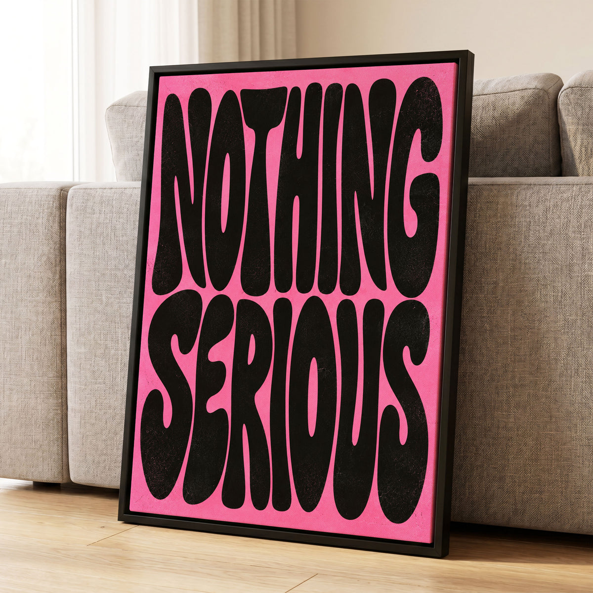 Nothing Serious, pink, black abstract wall art displayed in a styled interior, gallery view 1