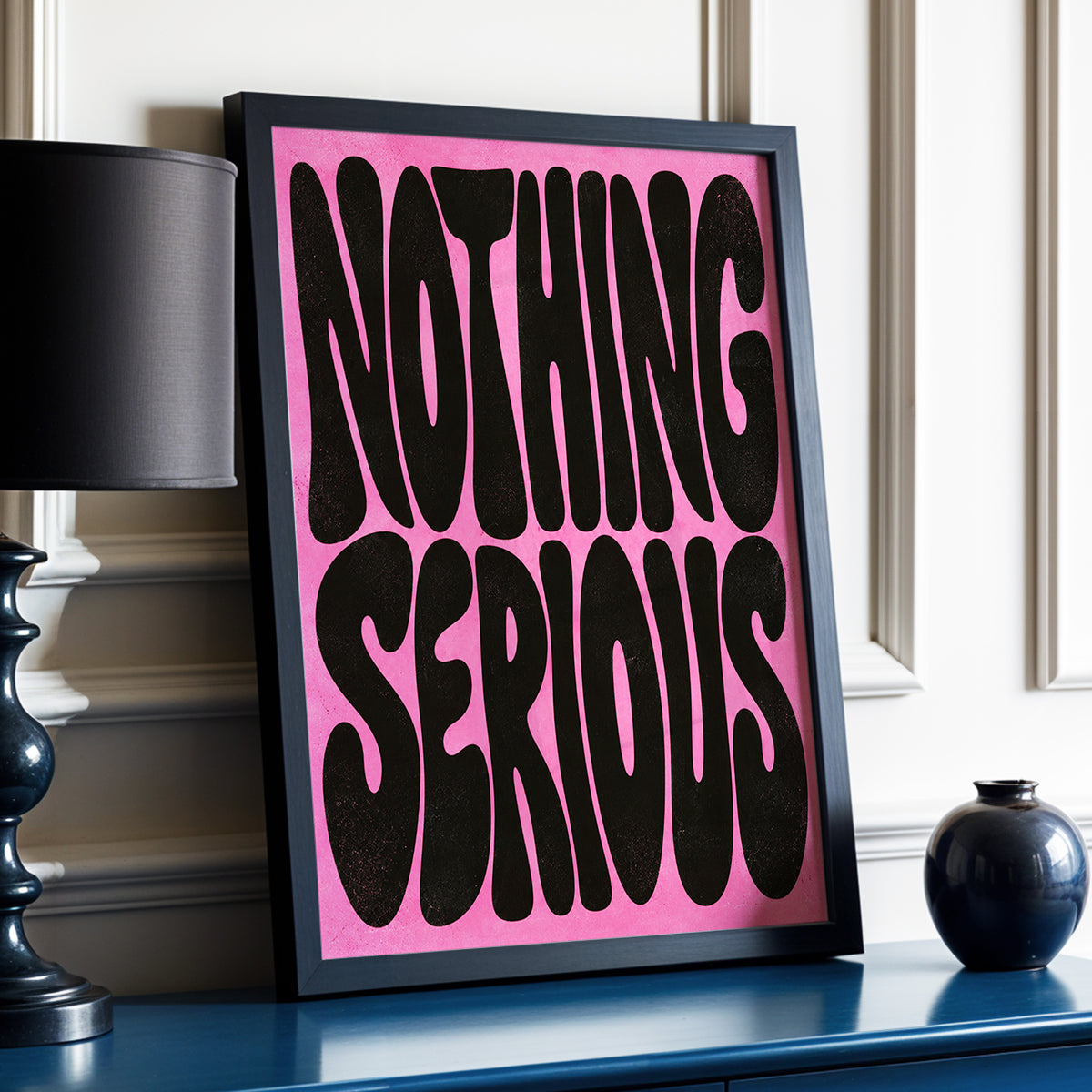 Nothing Serious, pink, black abstract wall art displayed in a styled interior, gallery view 3