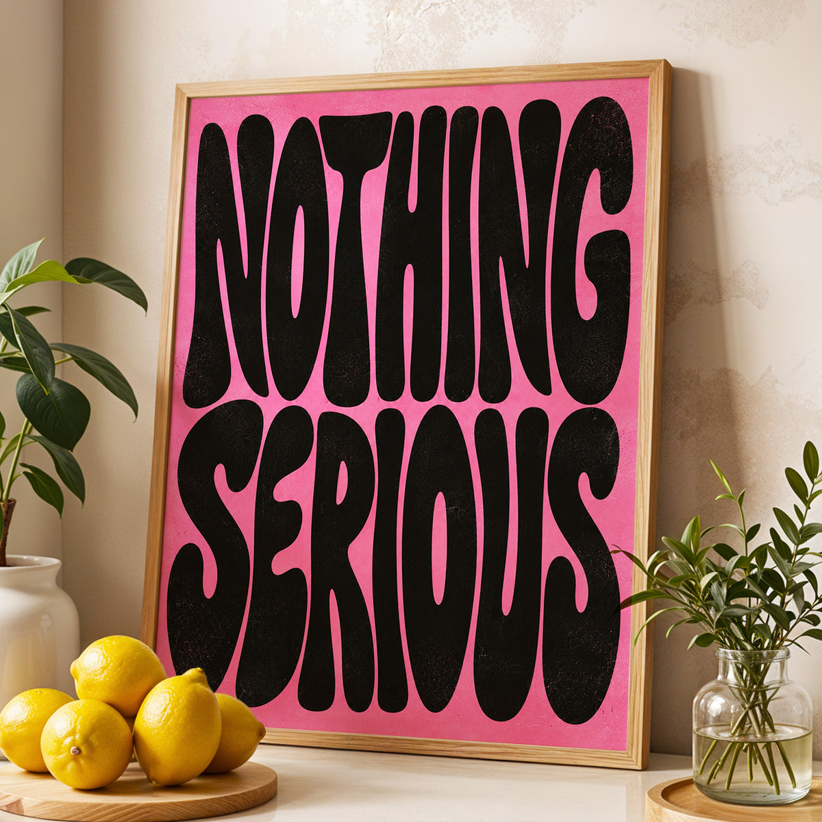 Nothing Serious, pink, black abstract wall art displayed in a styled interior, gallery view 4
