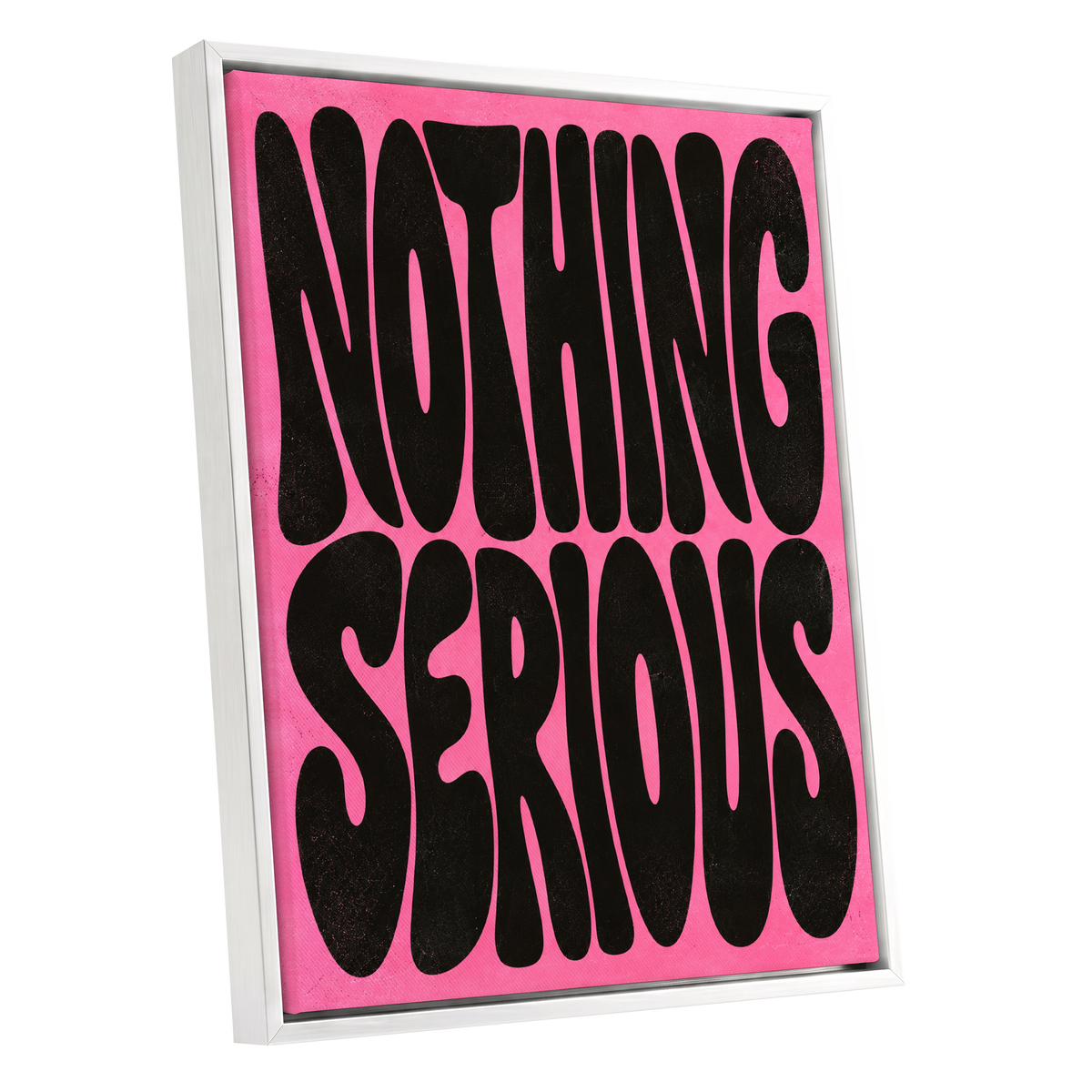 Nothing Serious, pink, black abstract wall art shown as a white framed canvas wall art