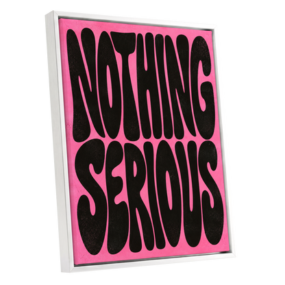 Nothing Serious, pink, black abstract wall art shown as a white framed canvas wall art