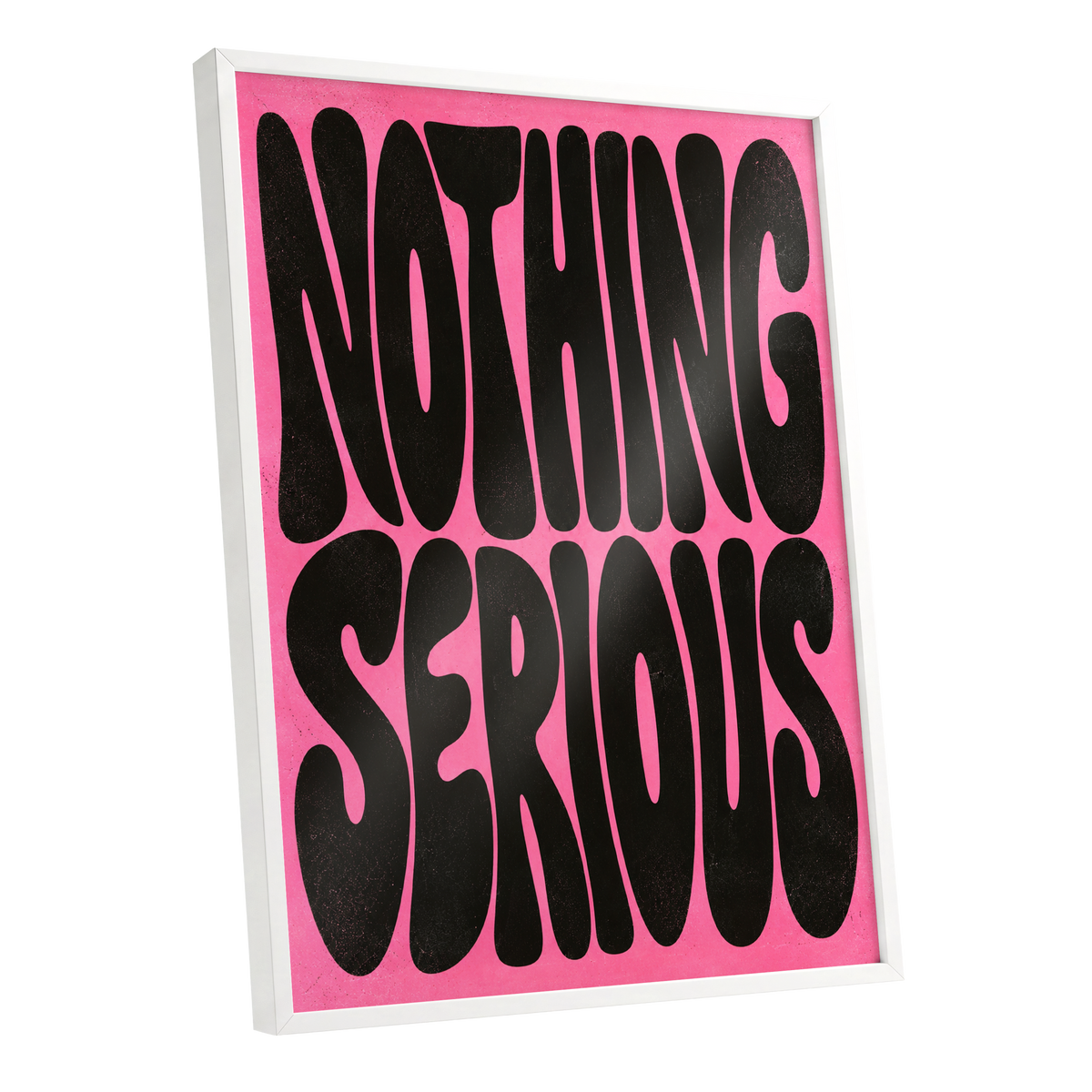 Nothing Serious, pink, black abstract wall art shown as a white framed poster wall art print