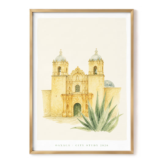 Oaxaca Sanctuary, beige, gold, green minimalist wall art, front artwork view
