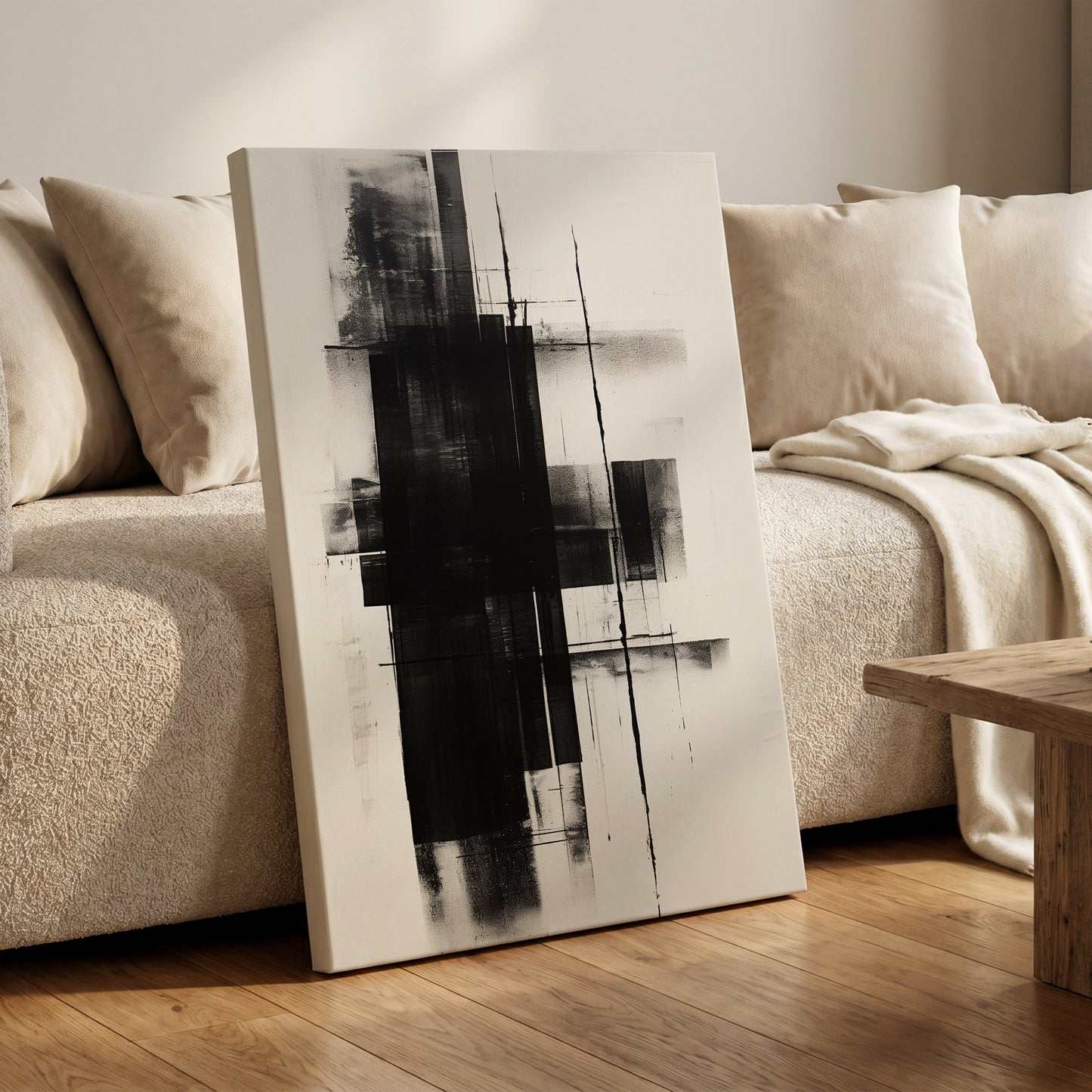 Obsidian Framework, black, white abstract wall art on canvas displayed in a styled interior, gallery view 1