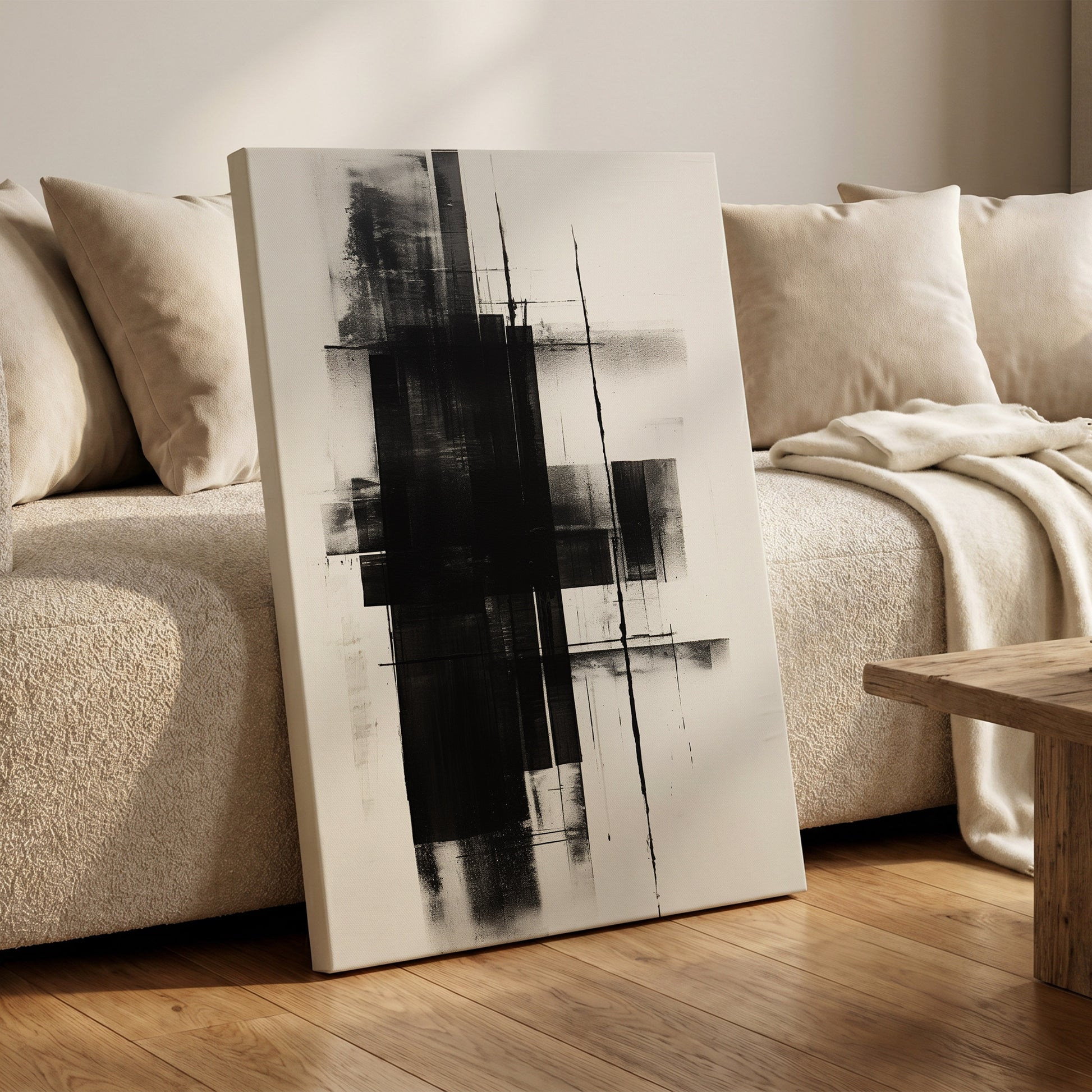 Obsidian Framework, black, white abstract wall art on canvas displayed in a styled interior, gallery view 1