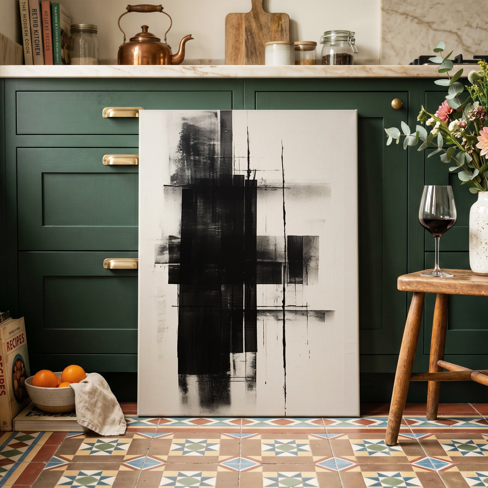 Obsidian Framework, black, white abstract wall art on canvas displayed in a styled interior, gallery view 2