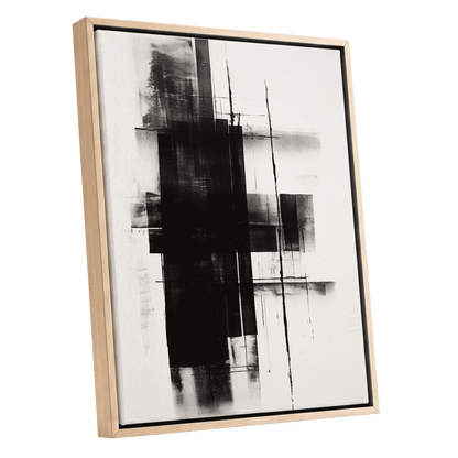 Obsidian Framework, black, white abstract wall art shown as a oak framed canvas wall art