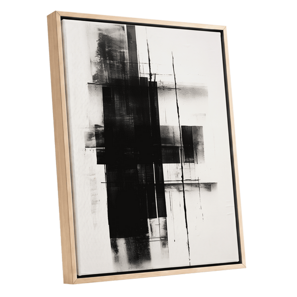 Obsidian Framework, black, white abstract wall art shown as a oak framed canvas wall art